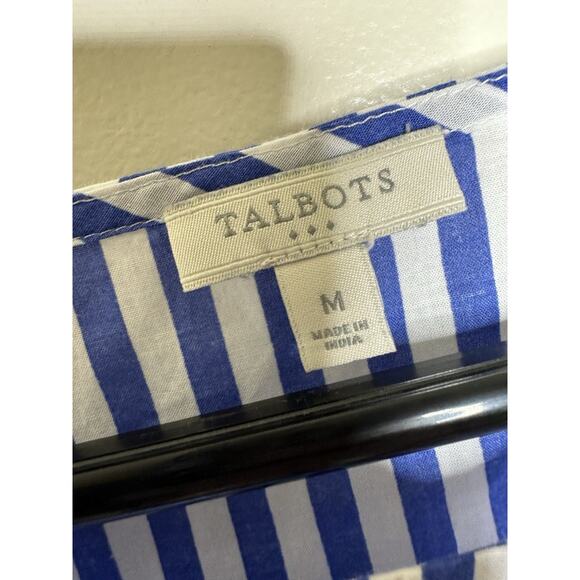 Talbots Size Medium Blue White Nautical Stripe Cotton Blouse Puff Sleeve - Picture 4 of 6